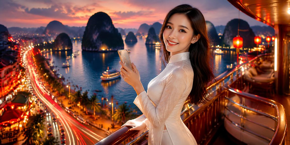 Người mặc áo dài tham gia casino trực tuyến trên di động tại Vịnh Hạ Long